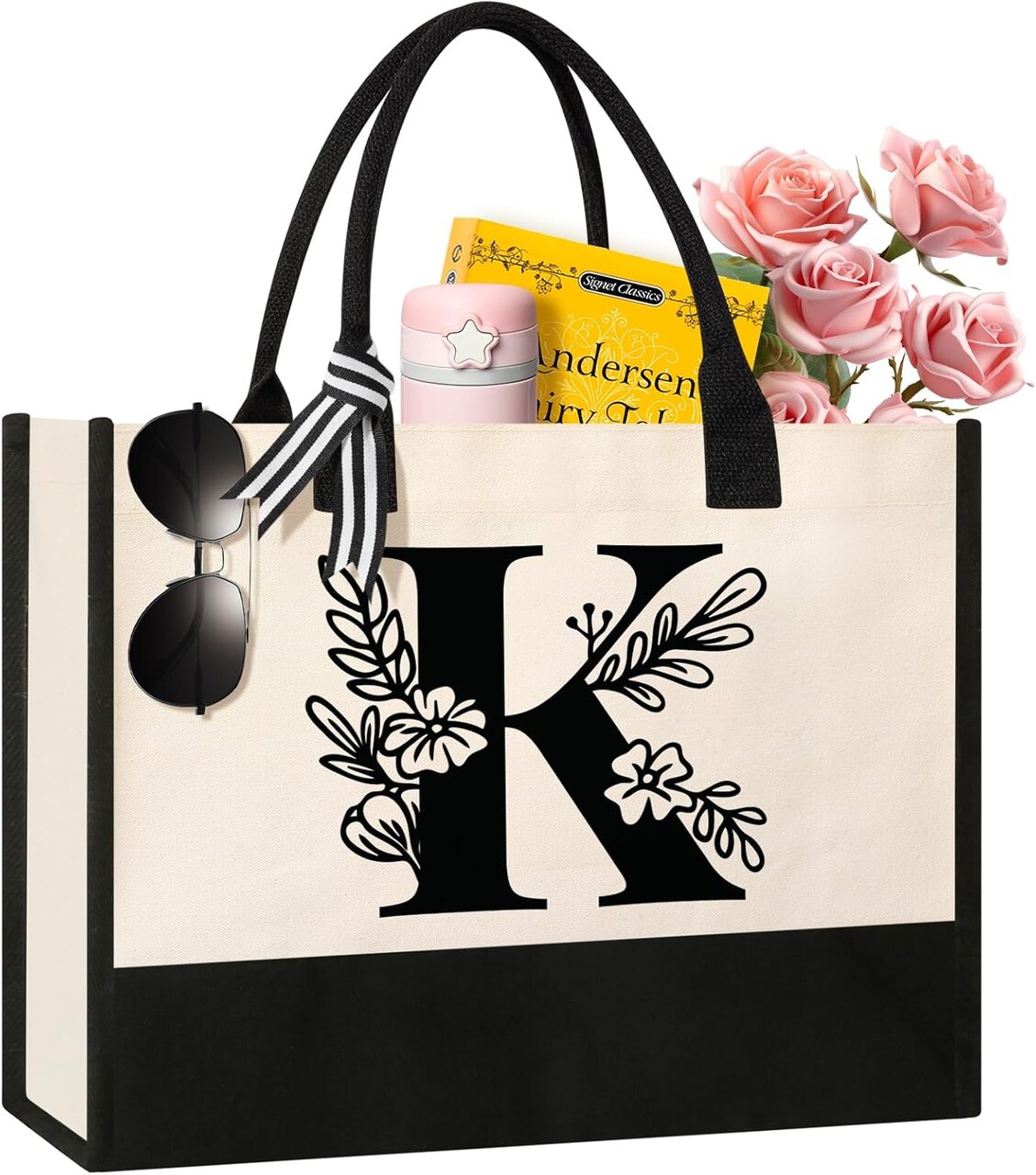 Personalized Initial Canvas Tote Bag – Letter K, Perfect for Birthday, Wedding, Beach & Gifts